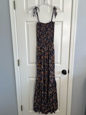 Blue Life smocked jumpsuit navy ditzy floral wide tiered flare legs XS